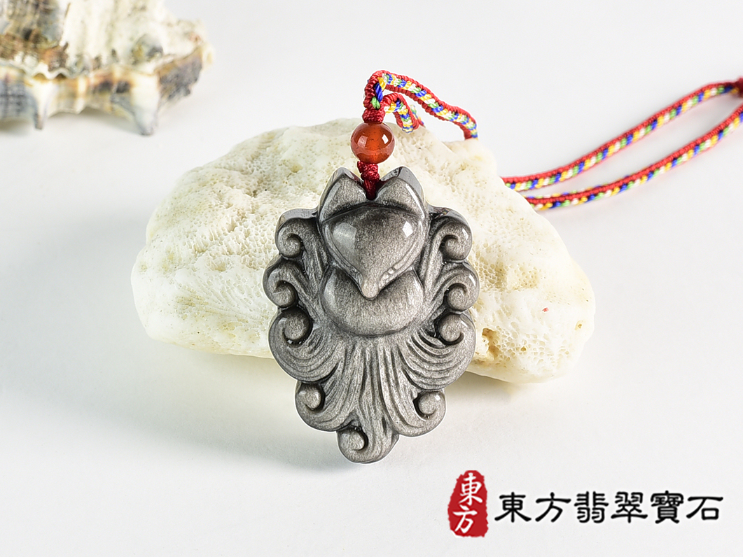 銀曜石九尾狐狸項鍊玉珮(九尾狐狸、招財、人緣、桃花,狐仙:九尾狐狸牌銀曜石九尾狐狸玉珮、銀曜石九尾狐狸玉墜、)。銀曜石九尾狐狸,FX093。客製化訂做各種銀曜石狐狸吊墜玉珮項鍊。★附東方翡翠寶石保證 0.jpg