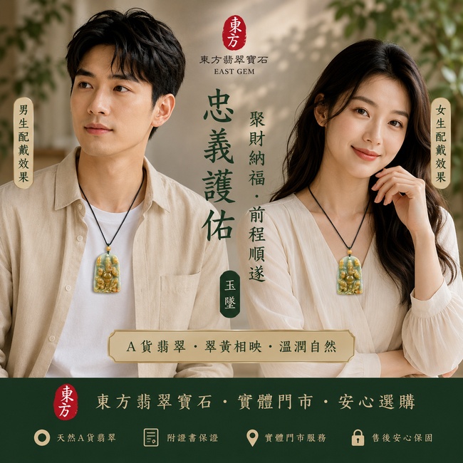 翡翠關公項鍊玉珮｜忠義護佑‧聚財納福‧前程順遂｜A貨翡翠綠色糯種帶黃翡‧翠黃相映‧溫潤自然｜緬甸玉關聖帝君玉墜｜關公玉珮KG428｜客製化訂做｜附A貨翡翠雙證書2