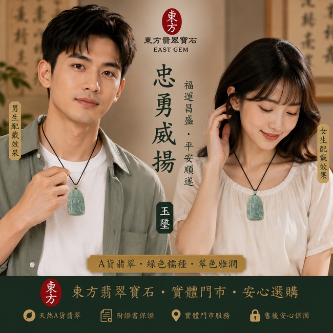 翡翠關公項鍊玉珮｜忠勇威揚・福運昌盛｜A貨翡翠綠色糯種・翠色雅潤｜緬甸玉關公玉墜｜KG166｜附A貨翡翠雙證書2
