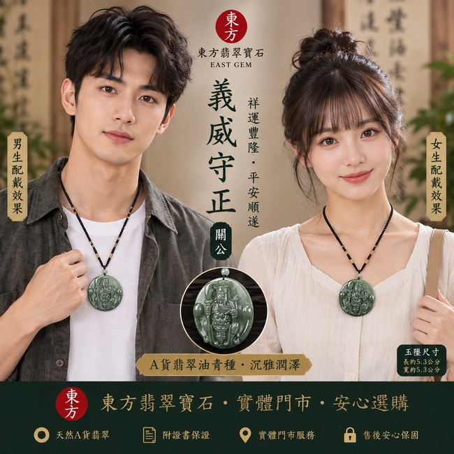 翡翠關公項鍊玉珮｜義威守正・祥運豐隆正・寓意忠義長存、威德護佑、正氣安宅、招財納福、事業順遂｜A貨翡翠油青種・沉雅潤澤｜緬甸玉關公玉墜｜KG021｜附A貨翡翠雙證書2