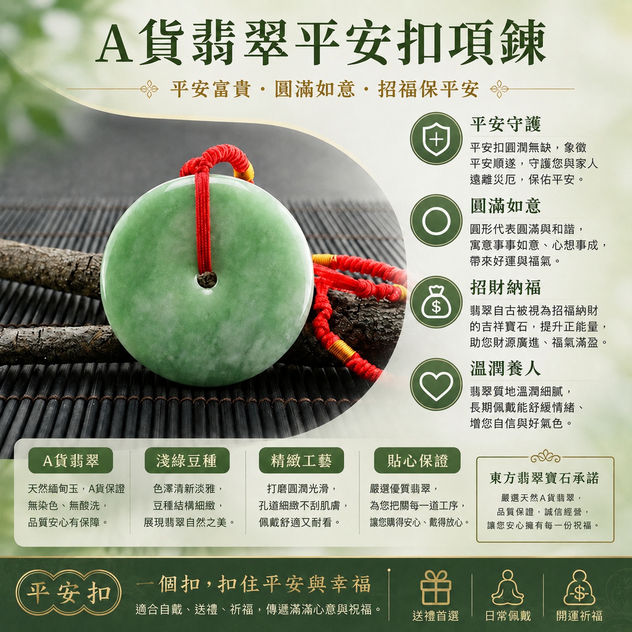 商品名稱 A貨翡翠平安扣項鍊玉珮玉墜｜緬甸天然A貨翡翠 淺綠豆種扁平平安扣｜平安富貴・圓滿如意・招福納祥・出入平安・吉祥順遂｜男女皆宜翡翠平安扣吊墜玉佩｜直徑5.5公分 PN012｜附A貨翡翠雙證書｜客製訂做翡翠平安扣項鍊玉珮玉墜2