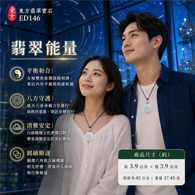 翡翠八卦項鍊玉珮|精工後天八卦太極・太極和合・陰陽平衡・八方守護・趨吉避凶・守護平安・納福安泰・清雅安定・圓融順遂|天然A貨翡翠・白綠色糯種・白至極淡藍綠色澤・柔潤霧感玉色・近正八角牌型・圓潤收邊・正面精工後天八卦卦紋・中央固定一體太極雙魚・背面素雅光面・一體式凸耳穿孔・單顆乳白淡綠圓珠・靛藍與淡紫銀纏線編繩・金色結飾|緬甸玉八卦玉墜|翡翠八卦吊墜玉珮項鍊ED146|客製化訂做各式翡翠八卦吊墜玉珮項鍊|附A貨翡翠雙證書 2 翡翠八卦項鍊玉珮|精工後天八卦太極・太極和合・陰陽平衡・八方守護・趨吉避凶・守護平安・納福安泰・清雅安定・圓融順遂|天然A貨翡翠・白綠色糯種・白至極淡藍綠色澤・柔潤霧感玉色・近正八角牌型・圓潤收邊・正面精工後天八卦卦紋・中央固定一體太極雙魚・背面素雅光面・一體式凸耳穿孔・單顆乳白淡綠圓珠・靛藍與淡紫銀纏線編繩・金色結飾|緬甸玉八卦玉墜|翡翠八卦吊墜玉珮項鍊ED146|客製化訂做各式翡翠八卦吊墜玉珮項鍊|附A貨翡翠雙證書 2