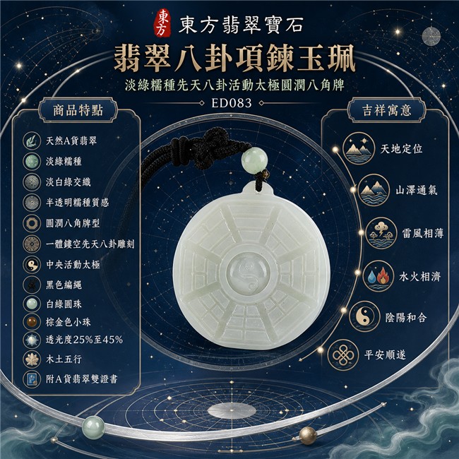 翡翠八卦項鍊玉珮|淡綠糯種先天八卦活動太極圓潤八角牌・天地定位・山澤通氣・雷風相薄・水火相濟・陰陽和合・平安順遂|天然A貨翡翠・緬甸翡翠來源・淡白綠交織・半透明糯種質感・圓潤八角牌型・一體鏤空先天八卦雕刻・中央活動太極・黑色編繩・白綠圓珠・棕金色小珠|緬甸玉八卦玉墜|翡翠八卦吊墜玉珮項鍊ED083|客製化訂做各式翡翠八卦吊墜玉珮項鍊|附A貨翡翠雙證書 1 翡翠八卦項鍊玉珮|淡綠糯種先天八卦活動太極圓潤八角牌・天地定位・山澤通氣・雷風相薄・水火相濟・陰陽和合・平安順遂|天然A貨翡翠・緬甸翡翠來源・淡白綠交織・半透明糯種質感・圓潤八角牌型・一體鏤空先天八卦雕刻・中央活動太極・黑色編繩・白綠圓珠・棕金色小珠|緬甸玉八卦玉墜|翡翠八卦吊墜玉珮項鍊ED083|客製化訂做各式翡翠八卦吊墜玉珮項鍊|附A貨翡翠雙證書 1