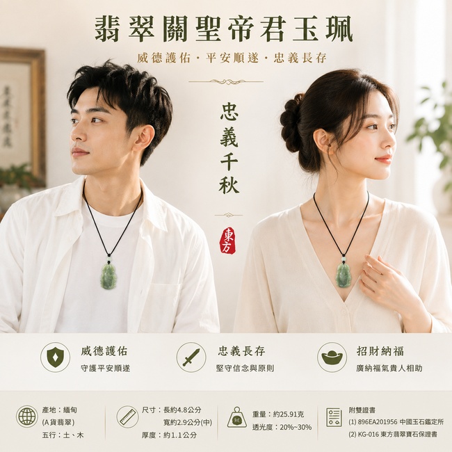 翡翠關聖帝君項鍊玉珮｜關聖帝君端坐持正・忠義長昭・沉心守志・穩業聚福・守信得助・事途漸順・安泰相隨｜A貨翡翠油青種・青綠柔潤・色韻清雅・玉體厚潤・質感溫和・立體精雕｜緬甸玉關聖帝君玉墜・關聖帝君牌玉珮KG016｜客製化訂做各式翡翠關聖帝君吊墜玉珮項鍊｜附A貨翡翠雙證書2