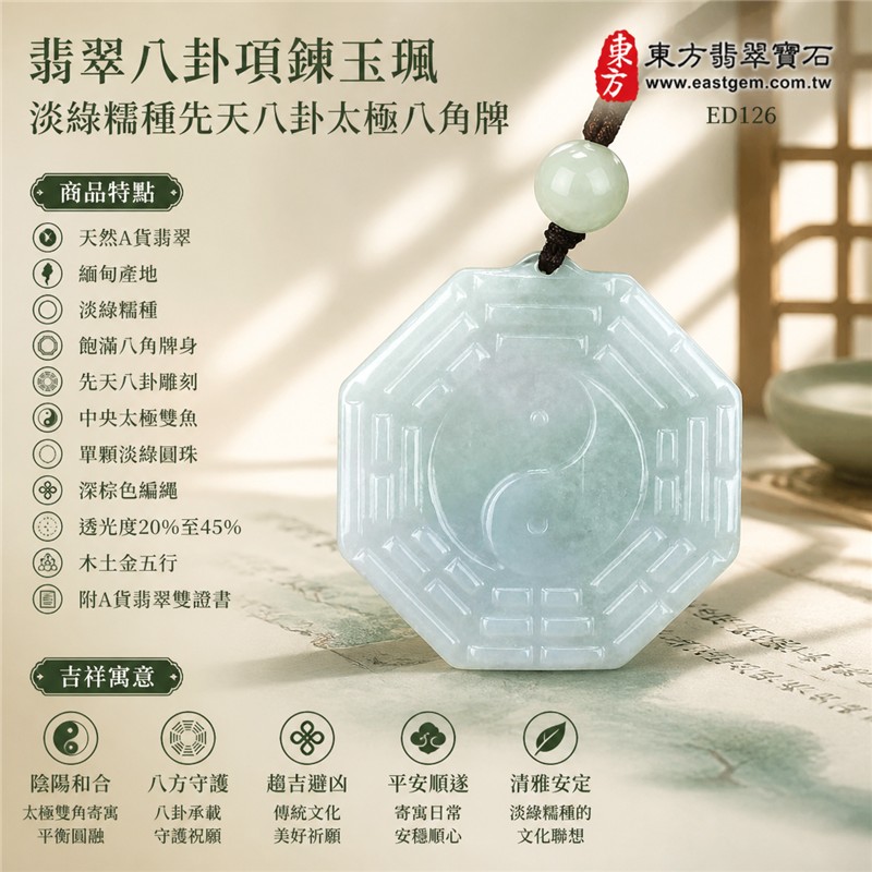 (已出售勿下標,可訂做)翡翠八卦項鍊玉珮|淡綠糯種先天八卦太極八角牌・陰陽和合・八方守護・趨吉避凶・平安順遂・清雅安定|天然A貨翡翠・緬甸產地・飽滿八角牌身・先天八卦雕刻・中央太極雙魚・單顆淡綠圓珠・深棕色編繩|緬甸玉八卦玉墜|翡翠八卦吊墜玉珮項鍊ED126|客製化訂做各式翡翠八卦吊墜玉珮項鍊|附A貨翡翠雙證書 1 (已出售勿下標,可訂做)翡翠八卦項鍊玉珮|淡綠糯種先天八卦太極八角牌・陰陽和合・八方守護・趨吉避凶・平安順遂・清雅安定|天然A貨翡翠・緬甸產地・飽滿八角牌身・先天八卦雕刻・中央太極雙魚・單顆淡綠圓珠・深棕色編繩|緬甸玉八卦玉墜|翡翠八卦吊墜玉珮項鍊ED126|客製化訂做各式翡翠八卦吊墜玉珮項鍊|附A貨翡翠雙證書 1