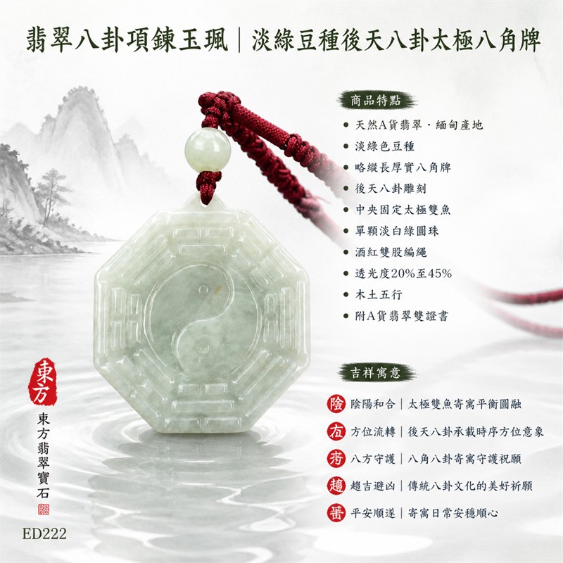 (已出售勿下標,可訂做)翡翠八卦項鍊玉珮|淡綠豆種後天八卦太極八角牌・陰陽和合・方位流轉・八方守護・趨吉避凶・平安順遂|天然A貨翡翠・緬甸產地・固定太極雙魚・單顆淡白綠圓珠・酒紅雙股編繩|緬甸玉八卦玉墜ED222|客製化訂做|附A貨翡翠雙證書 1 (已出售勿下標,可訂做)翡翠八卦項鍊玉珮|淡綠豆種後天八卦太極八角牌・陰陽和合・方位流轉・八方守護・趨吉避凶・平安順遂|天然A貨翡翠・緬甸產地・固定太極雙魚・單顆淡白綠圓珠・酒紅雙股編繩|緬甸玉八卦玉墜ED222|客製化訂做|附A貨翡翠雙證書 1