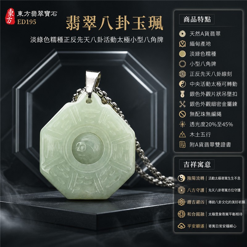 (已出售勿下標,可訂做)翡翠八卦玉珮|淡綠色糯種正反先天八卦活動太極小型八角牌・陰陽流轉・八方守護・趨吉避凶・和合圓融・平安順遂|天然A貨翡翠・緬甸產地・銀色外觀吊墜扣與細密金屬鍊・無配珠無編繩|緬甸玉八卦玉墜ED195|客製化訂做各種翡翠八卦項鍊|附A貨翡翠雙證書 1 (已出售勿下標,可訂做)翡翠八卦玉珮|淡綠色糯種正反先天八卦活動太極小型八角牌・陰陽流轉・八方守護・趨吉避凶・和合圓融・平安順遂|天然A貨翡翠・緬甸產地・銀色外觀吊墜扣與細密金屬鍊・無配珠無編繩|緬甸玉八卦玉墜ED195|客製化訂做各種翡翠八卦項鍊|附A貨翡翠雙證書 1