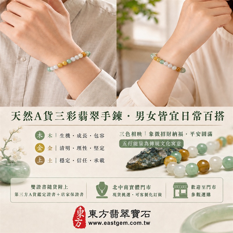 三彩翡翠手鍊｜天然緬甸A貨翡翠珠串｜黃翡×白翡×油青種・白綠黃三色相映｜招財納福・福祿壽喜・平安圓滿・富貴吉祥｜木金土五行文化寓意｜珠徑約8mm・重量21.67克｜男女皆宜翡翠手珠｜可依手圍客製化訂做｜附中國玉石鑑定所A貨翡翠證書＋東方翡翠寶石保證書｜北中南實體門市現貨挑選・歡迎參觀試戴｜O3C012-5