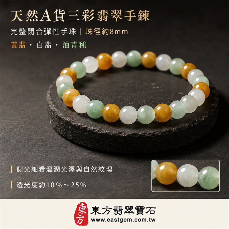 三彩翡翠手鍊｜天然緬甸A貨翡翠珠串｜黃翡×白翡×油青種・白綠黃三色相映｜招財納福・福祿壽喜・平安圓滿・富貴吉祥｜木金土五行文化寓意｜珠徑約8mm・重量21.67克｜男女皆宜翡翠手珠｜可依手圍客製化訂做｜附中國玉石鑑定所A貨翡翠證書＋東方翡翠寶石保證書｜北中南實體門市現貨挑選・歡迎參觀試戴｜O3C012-8