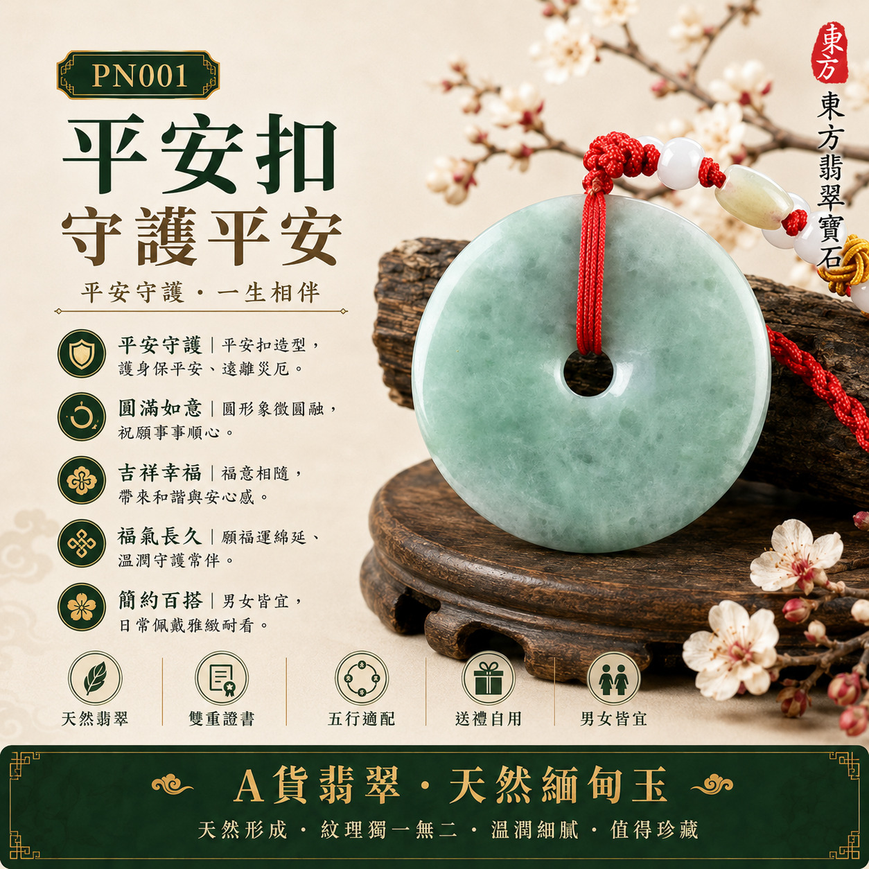 【A貨翡翠平安扣項鍊玉珮｜PN001｜淡綠色豆種緬甸玉、經典扁平平安扣、平安圓滿、自然耐看】天然翡翠平安扣玉墜，淡綠色豆種玉質自然樸實、色澤柔和清新，經典扁平圓形造型簡潔大方、玉面圓潤平整，寓意出入平安、圓滿如意、家庭和樂、生活順遂、招福納吉、福氣相伴、平安富貴，適合男女日常佩戴、自用平安祝福、父母家人送禮與天然翡翠收藏，客製化訂做各種翡翠平安扣吊墜玉珮項鍊，PN001，附A貨翡翠雙證書1