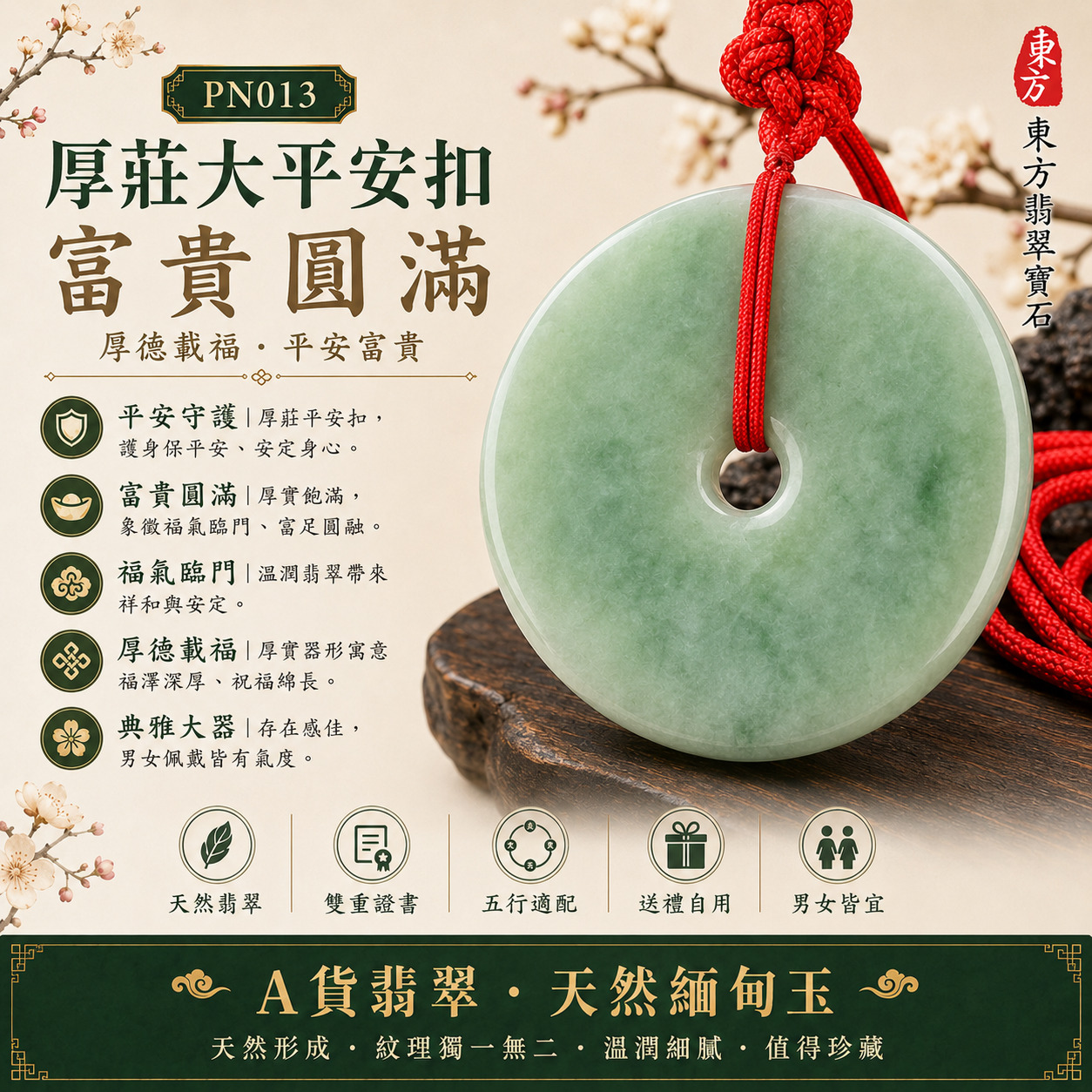 【A貨翡翠平安扣項鍊玉珮｜PN013｜淺綠色豆種緬甸玉、經典扁平大平安扣、自然樸雅、平安圓滿】天然翡翠平安扣玉墜，淺綠色豆種玉質自然樸實、色澤清新柔和，經典扁平平安扣玉面圓潤平整、造型簡潔大方，寓意平安守護、圓滿如意、招福納吉、家庭和樂、生活順遂、福氣安康、平安富貴，適合男女日常佩戴、自用平安祈願、父母長輩送禮與天然翡翠收藏，客製化訂做各種翡翠平安扣吊墜玉珮項鍊，PN013，附A貨翡翠雙證書1