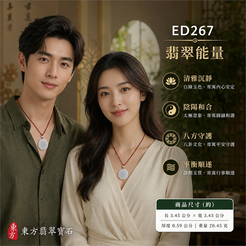 （已出售勿下標，可訂做）白綠色糯種翡翠八卦玉珮｜白綠色・糯種・先天八卦・太極・太極和合・陰陽平衡・八方守護・趨吉避凶・平安順遂｜天然A貨翡翠・緬甸產地｜緬甸玉八卦玉墜｜翡翠八卦吊墜玉珮項鍊ED267｜客製化訂做各式翡翠八卦吊墜玉珮項鍊｜附A貨翡翠雙證書 2