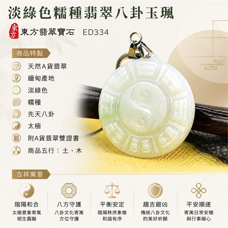 (已出售勿下標,可訂做)淡綠色糯種翡翠八卦項鍊玉珮|淡綠色・糯種・先天八卦・太極・太極和合・陰陽調和・八方守護・趨吉避凶・守護平安・納福安泰・福運綿長・家宅安寧・心境安定・圓融順遂・事業順遂・平安吉祥|天然A貨翡翠・淡綠色糯種・精工八卦太極・八卦牌型・先天八卦太極雕刻・八卦環繞中央太極牌面|緬甸玉八卦玉墜|翡翠八卦吊墜玉珮項鍊ED334|客製化訂做各式翡翠八卦吊墜玉珮項鍊|附A貨翡翠雙證書 1 (已出售勿下標,可訂做)淡綠色糯種翡翠八卦項鍊玉珮|淡綠色・糯種・先天八卦・太極・太極和合・陰陽調和・八方守護・趨吉避凶・守護平安・納福安泰・福運綿長・家宅安寧・心境安定・圓融順遂・事業順遂・平安吉祥|天然A貨翡翠・淡綠色糯種・精工八卦太極・八卦牌型・先天八卦太極雕刻・八卦環繞中央太極牌面|緬甸玉八卦玉墜|翡翠八卦吊墜玉珮項鍊ED334|客製化訂做各式翡翠八卦吊墜玉珮項鍊|附A貨翡翠雙證書 1
