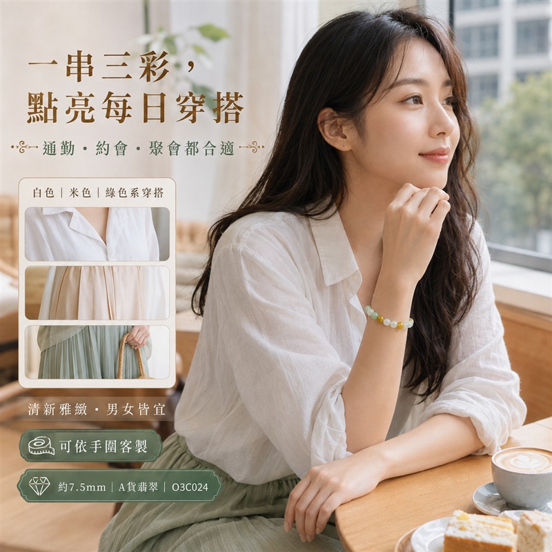 三彩緬甸玉翡翠手鍊｜天然A貨翡翠珠串｜黃翡翠珠子・油青種翡翠珠子・白翡翠珠子｜三色相映、溫潤細膩、清雅耐看｜寓意招財納福、福祿壽喜、平安順遂、吉祥圓滿｜珠徑約7.5mm｜客製化翡翠手珠、緬甸玉珠串、翡翠珠子、緬甸玉珠子｜附A貨翡翠雙證書｜O3C024-5