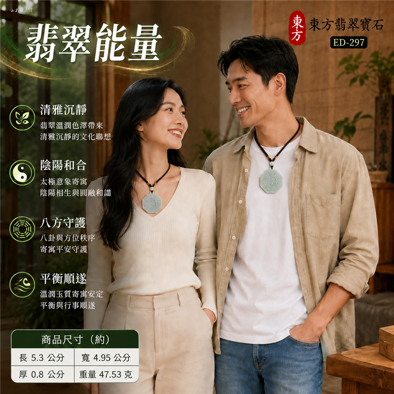 淡綠色糯豆種翡翠後天八卦太極玉珮｜八角牌型・後天八卦雕刻・中央太極圖案｜太極和合・陰陽平衡・八方守護・趨吉避凶・平安順遂｜天然A貨翡翠・緬甸產地｜緬甸玉八卦玉墜・翡翠八卦吊墜玉珮項鍊ED-297｜客製化訂做各式翡翠八卦吊墜玉珮項鍊｜附A貨翡翠雙證書・中國玉石鑑定所與東方翡翠寶石保證書｜商品代碼ED-297 2