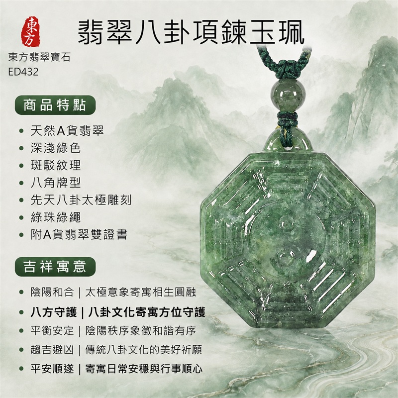翡翠八卦項鍊玉珮｜先天八卦・太極・太極和合・陰陽調和・八方守護・趨吉避凶・守護平安・納福安泰・福運綿長・家宅安寧・心境安定・圓融順遂・事業順遂・平安吉祥｜天然A貨翡翠・深淺綠色・斑駁紋理・八角牌型・先天八卦太極雕刻・綠珠綠繩｜緬甸玉八卦玉墜｜翡翠八卦吊墜玉珮項鍊ED432｜客製化訂做各式翡翠八卦吊墜玉珮項鍊｜附A貨翡翠雙證書 1