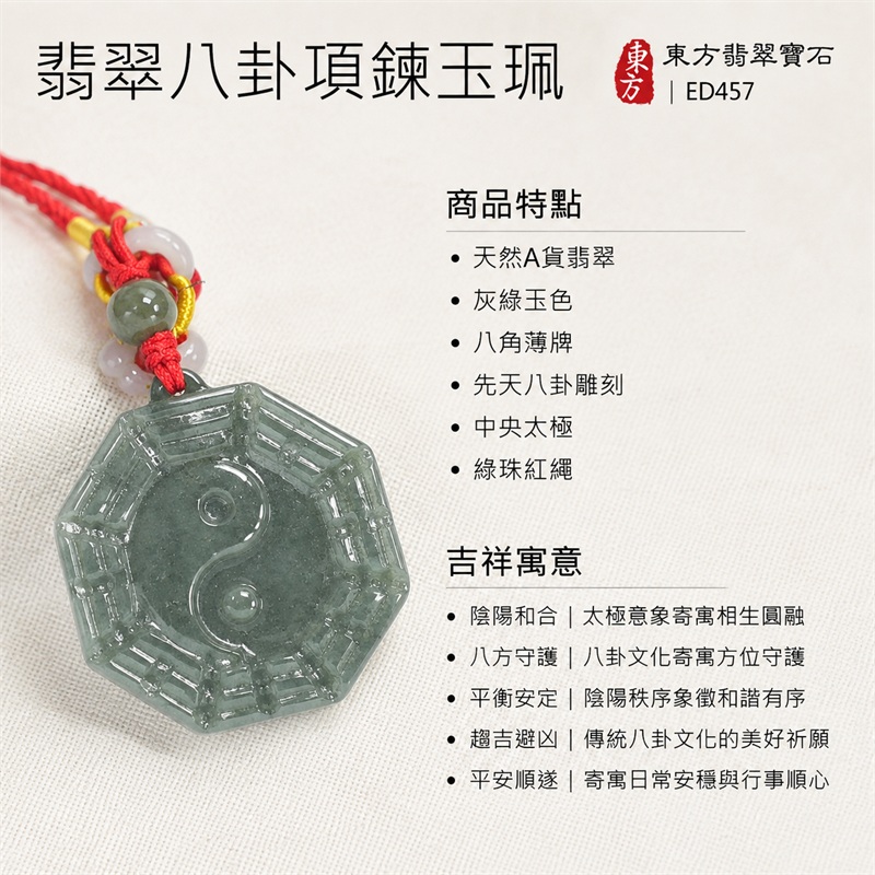 翡翠八卦項鍊玉珮｜先天八卦・太極・太極和合・陰陽調和・八方守護・趨吉避凶・守護平安・納福安泰・福運綿長・家宅安寧・心境安定・圓融順遂・事業順遂・平安吉祥｜天然A貨翡翠・灰綠玉色・八角薄牌・先天八卦雕刻・中央太極・綠珠紅繩｜緬甸玉八卦玉墜｜翡翠八卦吊墜玉珮項鍊ED457｜客製化訂做各式翡翠八卦吊墜玉珮項鍊｜附A貨翡翠雙證書 1