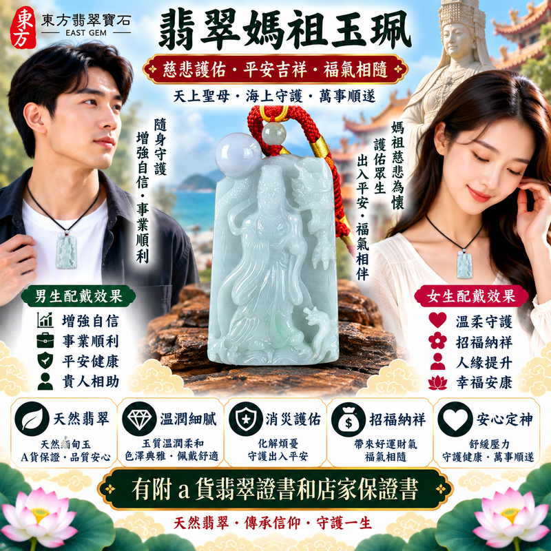 【A貨翡翠媽祖項鍊玉珮|綠色糯種緬甸玉、天然翡翠天上聖母玉墜、平安順遂、吉祥如意、福氣相伴】天然翡翠媽祖牌玉墜,綠色糯種玉質柔和溫潤、天然翠色清新雅緻,糯種質感細膩柔潤,呈現天然緬甸翡翠翠意自然、含蓄典雅、溫潤耐看的東方玉石韻味,搭配媽祖天上聖母莊嚴慈祥的雕刻造型,兼具天然翡翠美感與傳統祈福文化意涵,寓意媽祖慈悲守護、出入平安、消災祈福、吉祥如意、順遂安康、招福納祥、福氣相伴、福運綿延,適合日常佩戴、祈福祝願、平安送禮及收藏,客製化訂做各種翡翠媽祖吊墜玉珮項鍊,MD322,附A貨翡翠雙證書2 【A貨翡翠媽祖項鍊玉珮|綠色糯種緬甸玉、天然翡翠天上聖母玉墜、平安順遂、吉祥如意、福氣相伴】天然翡翠媽祖牌玉墜,綠色糯種玉質柔和溫潤、天然翠色清新雅緻,糯種質感細膩柔潤,呈現天然緬甸翡翠翠意自然、含蓄典雅、溫潤耐看的東方玉石韻味,搭配媽祖天上聖母莊嚴慈祥的雕刻造型,兼具天然翡翠美感與傳統祈福文化意涵,寓意媽祖慈悲守護、出入平安、消災祈福、吉祥如意、順遂安康、招福納祥、福氣相伴、福運綿延,適合日常佩戴、祈福祝願、平安送禮及收藏,客製化訂做各種翡翠媽祖吊墜玉珮項鍊,MD322,附A貨翡翠雙證書2