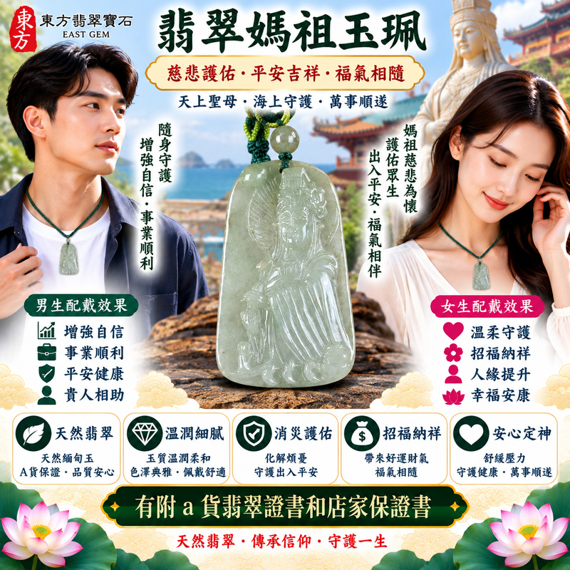 【A貨翡翠媽祖項鍊玉珮|綠色糯種天然緬甸翡翠、天上聖母慈悲護佑、平安順心、吉祥納福、福運長存】天然翡翠媽祖牌玉墜,綠色糯種玉質溫潤自然、翠色色調柔和沉穩,具有糯種細膩柔潤、溫雅含蓄的視覺質感,呈現天然緬甸翡翠清雅翠意與古典東方玉石韻味,搭配天上聖母媽祖莊嚴慈祥的雕刻意象,融合信仰祝福與天然翡翠玉雕之美,寓意慈悲守護、出入平安、消災祈福、吉祥如意、招福納祥、順心安康、福氣常伴、福運長存,適合日常隨身佩戴、自用祈福、長輩祝福與收藏珍藏,客製化訂做各種翡翠媽祖吊墜玉珮項鍊,MD326,附A貨翡翠雙證書2 【A貨翡翠媽祖項鍊玉珮|綠色糯種天然緬甸翡翠、天上聖母慈悲護佑、平安順心、吉祥納福、福運長存】天然翡翠媽祖牌玉墜,綠色糯種玉質溫潤自然、翠色色調柔和沉穩,具有糯種細膩柔潤、溫雅含蓄的視覺質感,呈現天然緬甸翡翠清雅翠意與古典東方玉石韻味,搭配天上聖母媽祖莊嚴慈祥的雕刻意象,融合信仰祝福與天然翡翠玉雕之美,寓意慈悲守護、出入平安、消災祈福、吉祥如意、招福納祥、順心安康、福氣常伴、福運長存,適合日常隨身佩戴、自用祈福、長輩祝福與收藏珍藏,客製化訂做各種翡翠媽祖吊墜玉珮項鍊,MD326,附A貨翡翠雙證書2