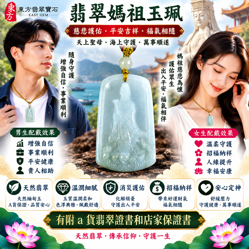 【A貨翡翠媽祖項鍊玉珮|綠色糯種天然緬甸玉、天上聖母慈悲守護、出入平安、招福納祥、福運綿延】天然翡翠媽祖牌玉墜,綠色糯種玉質溫潤細膩、翠色色澤清新自然,天然綠意與柔和糯潤的玉質彼此映襯,展現緬甸翡翠清雅秀麗、溫潤含蓄、古典耐看的東方玉石美感,搭配媽祖莊嚴祥和的雕刻造型,更具傳統信仰與祈福文化意涵,寓意媽祖慈悲護佑、平安順遂、消災祈福、吉祥納福、招福納祥、福氣相隨、順心安康、福運綿延,適合自用佩戴、祈福祝願、祝福親友與收藏珍藏,客製化訂做各種翡翠媽祖吊墜玉珮項鍊,MD328,附A貨翡翠雙證書2 【A貨翡翠媽祖項鍊玉珮|綠色糯種天然緬甸玉、天上聖母慈悲守護、出入平安、招福納祥、福運綿延】天然翡翠媽祖牌玉墜,綠色糯種玉質溫潤細膩、翠色色澤清新自然,天然綠意與柔和糯潤的玉質彼此映襯,展現緬甸翡翠清雅秀麗、溫潤含蓄、古典耐看的東方玉石美感,搭配媽祖莊嚴祥和的雕刻造型,更具傳統信仰與祈福文化意涵,寓意媽祖慈悲護佑、平安順遂、消災祈福、吉祥納福、招福納祥、福氣相隨、順心安康、福運綿延,適合自用佩戴、祈福祝願、祝福親友與收藏珍藏,客製化訂做各種翡翠媽祖吊墜玉珮項鍊,MD328,附A貨翡翠雙證書2