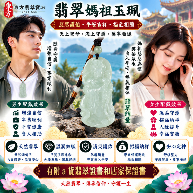【A貨翡翠媽祖項鍊玉珮｜白底青緬甸玉、天然白綠雙色翡翠、天上聖母慈悲守護、平安吉祥、招福納祥、順遂安康】天然白底青翡翠媽祖牌玉墜，清雅白色玉底與天然翠綠色澤自然交融，白綠相映、色彩層次清晰，展現天然緬甸翡翠清新雅緻、溫潤含蓄、古典秀麗的東方玉石特色，天然色澤分布使每件翡翠呈現各具特色的自然韻味，搭配媽祖天上聖母莊嚴祥和的雕刻造型，寓意慈悲護佑、出入平安、消災祈福、吉祥如意、招福納祥、福氣相伴、順遂安康、福運綿延，兼具白底青翡翠特色與媽祖信仰文化意涵，客製化訂做各種翡翠媽祖吊墜玉珮項鍊，GY2186，附A貨翡翠雙證書2
