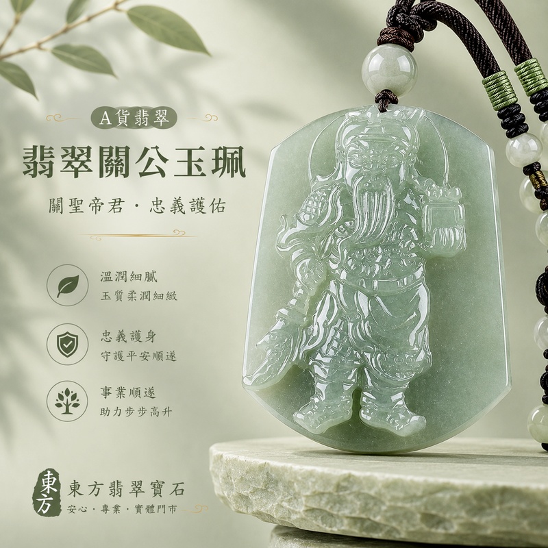翡翠關公項鍊玉珮｜關聖帝君披甲鎮守・剛正守義・沉心立志・穩固根本・事業有成・財福安聚・順境長隨｜A貨翡翠綠色糯種油青・青綠沉潤雅緻・油潤光感自然・玉質溫厚細膩・色澤深淺有致・立體精雕｜緬甸玉關公玉墜・關聖帝君牌玉珮KG390｜客製化訂做各式翡翠關公吊墜玉珮項鍊｜附A貨翡翠雙證書1