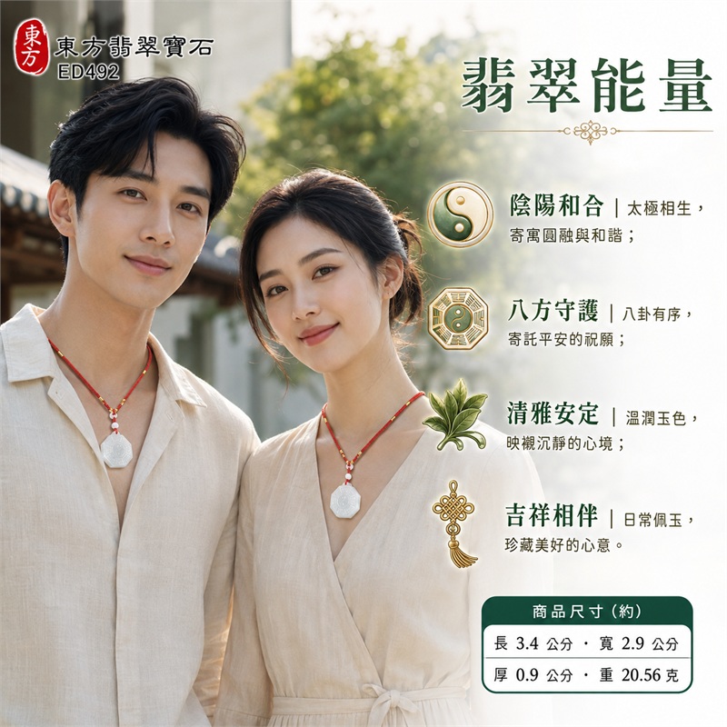 （已出售勿下標，可訂做）翡翠八卦項鍊玉珮｜太極和合・陰陽調和・八方守護・趨吉避凶・守護平安・納福安泰・福運綿長・家宅安寧・心境安定・圓融順遂・事業順遂・平安吉祥｜冰白淡綠玉色・柔和透光玉質・自然細緻紋理・厚實八角牌形・先天八卦淺刻・中央太極・一體穿孔玉耳・白色圓珠紅繩｜緬甸A貨翡翠｜ED492｜客製化訂做各式翡翠八卦吊墜玉珮項鍊｜附A貨翡翠雙證書 2