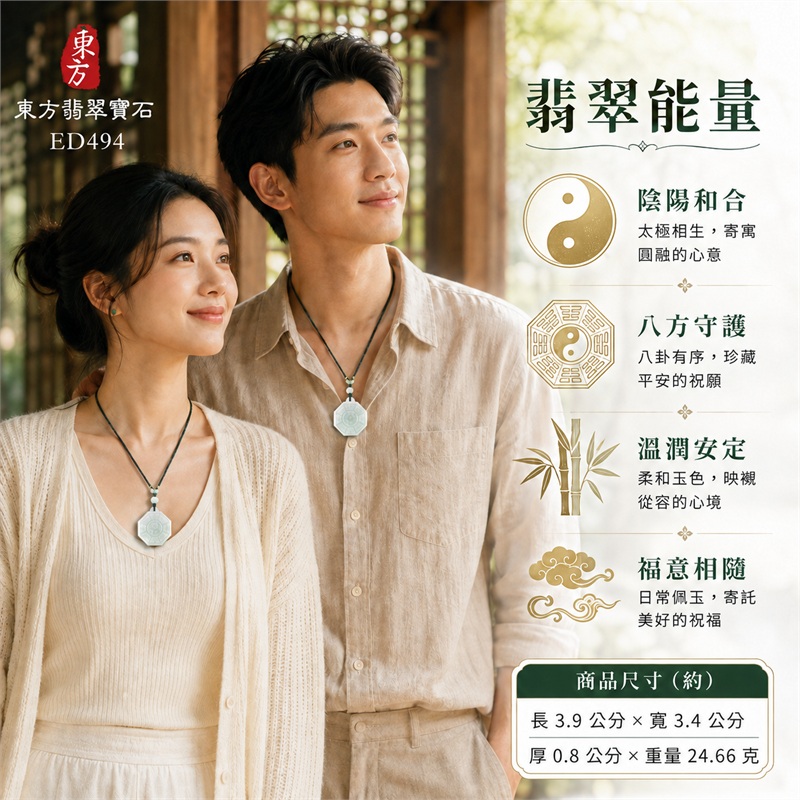 翡翠八卦項鍊玉珮｜太極和合・陰陽調和・八方守護・趨吉避凶・守護平安・納福安泰・福運綿長・家宅安寧・心境安定・圓融順遂・事業順遂・平安吉祥｜淡白青綠玉色・溫潤厚實玉面・天然深淺紋理・俐落八角輪廓・先天八卦淺刻・中央太極・一體穿孔玉耳・圓珠玉環結飾・墨綠金線編繩｜緬甸A貨翡翠｜ED494｜客製化訂做各式翡翠八卦吊墜玉珮項鍊｜附A貨翡翠雙證書 2
