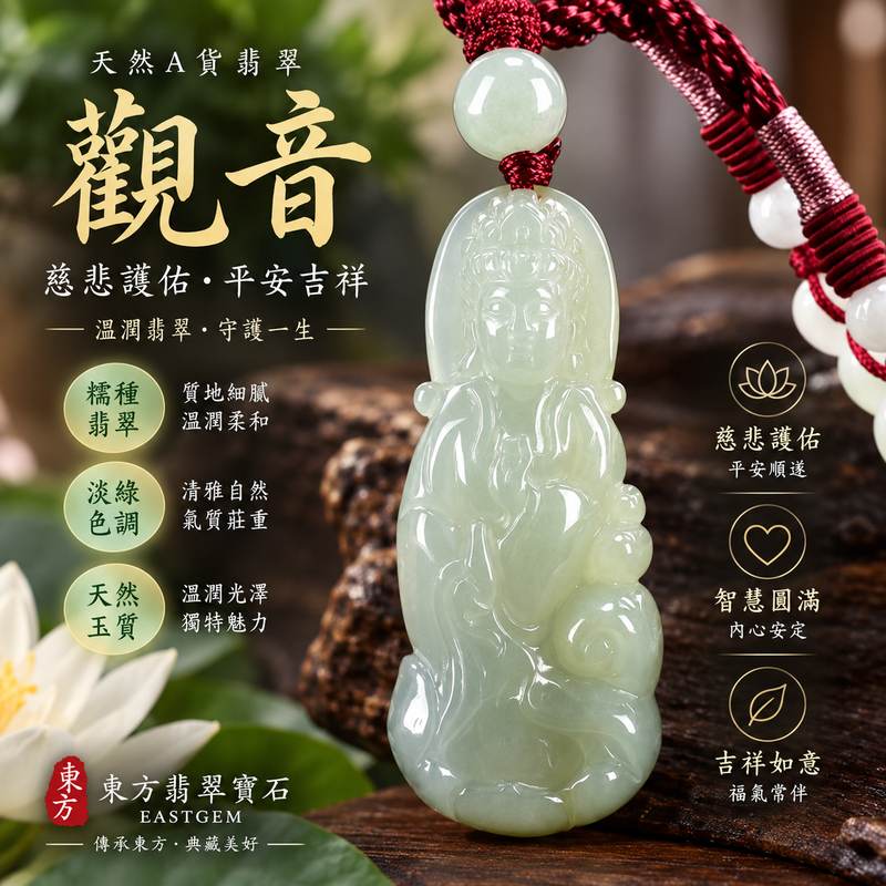 翡翠觀音項鍊玉珮 I 淡綠色糯種觀世音菩薩 I GY1348 I 慈悲護佑平安吉祥 I 緬甸A貨翡翠觀音玉墜 I 客製化訂做 I 附A貨翡翠雙證書1