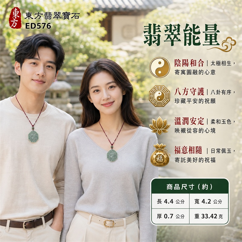 翡翠八卦項鍊玉珮｜太極和合・陰陽調和・八方守護・趨吉避凶・守護平安・納福安泰・福運綿長・家宅安寧・心境安定・圓融順遂・事業順遂・平安吉祥｜灰綠斑駁玉色・深淺交織紋理・端正八角牌形・雙重八卦題材・先天後天卦紋・中央太極線刻・一體穿孔玉耳・深綠單珠點綴・酒紅編繩雙色纏線｜緬甸A貨翡翠｜ED576｜客製化訂做各式翡翠八卦吊墜玉珮項鍊｜附A貨翡翠雙證書 2