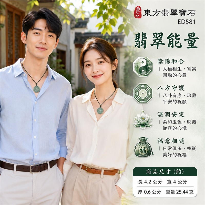 翡翠八卦項鍊玉珮｜太極和合・陰陽調和・八方守護・趨吉避凶・守護平安・納福安泰・福運綿長・家宅安寧・心境安定・圓融順遂・事業順遂・平安吉祥｜灰綠斑駁玉色・深淺交織紋理・端正八角牌形・雙重八卦題材・先天後天卦紋・中央太極線刻・一體穿孔玉耳・深綠單珠點綴・墨綠編繩黃綠纏線｜緬甸A貨翡翠｜ED581｜客製化訂做各式翡翠八卦吊墜玉珮項鍊｜附A貨翡翠雙證書 2
