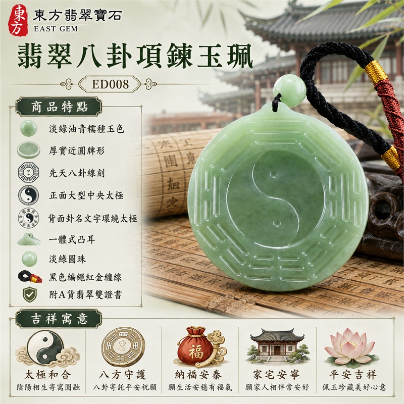 翡翠八卦項鍊玉珮｜太極和合・陰陽調和・八方守護・趨吉避凶・守護平安・納福安泰・福運綿長・家宅安寧・心境安定・圓融順遂・事業順遂・平安吉祥｜淡綠油青糯種玉色・厚實近圓牌形・先天八卦線刻・正面大型中央太極・背面卦名文字環繞太極・一體式凸耳・淡綠圓珠・黑色編繩紅金纏線｜緬甸A貨翡翠｜ED008｜已出售勿下標・可客製訂做各式翡翠八卦吊墜玉珮項鍊｜附A貨翡翠雙證書 1