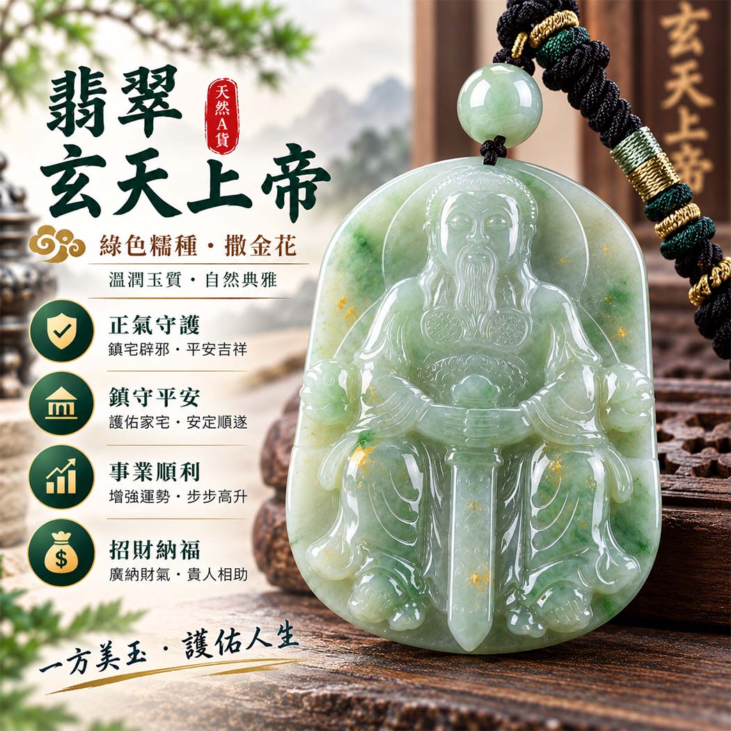 翡翠玄天上帝項鍊玉珮｜天然A貨翡翠玄天上帝牌｜綠色糯種撒金花翡翠玄天上帝玉珮｜緬甸玉玄天上帝玉墜・玄天上帝吊墜・翡翠玉珮・翡翠項鍊｜綠色翡翠自然色澤・糯種溫潤玉質・撒金花特色｜象徵正氣守護、鎮守平安、事業順利、招財納福、貴人相助｜客製化訂做各式翡翠玄天上帝吊墜玉珮項鍊｜附A貨翡翠雙證書｜ST049