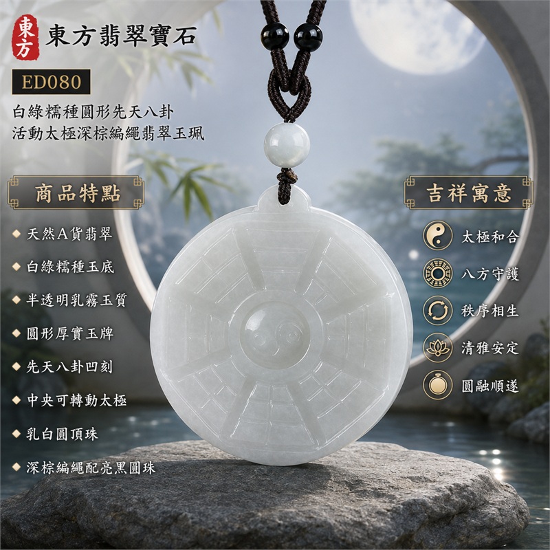 白綠糯種圓形先天八卦活動太極深棕編繩翡翠玉珮|太極和合・陰陽調和・八方守護・趨吉避凶・守護平安・納福安泰・福運綿長・家宅安寧・心境安定・圓融順遂・事業順遂・平安吉祥|天然A貨翡翠・白綠糯種玉底・半透明乳霧玉質・圓形厚實玉牌・先天八卦凹刻・中央可轉動太極・乳白圓頂珠・深棕編繩配亮黑圓珠|緬甸玉八卦玉墜吊墜|ED080|可客製訂做各式翡翠八卦玉珮項鍊|附A貨翡翠雙證書 1 白綠糯種圓形先天八卦活動太極深棕編繩翡翠玉珮|太極和合・陰陽調和・八方守護・趨吉避凶・守護平安・納福安泰・福運綿長・家宅安寧・心境安定・圓融順遂・事業順遂・平安吉祥|天然A貨翡翠・白綠糯種玉底・半透明乳霧玉質・圓形厚實玉牌・先天八卦凹刻・中央可轉動太極・乳白圓頂珠・深棕編繩配亮黑圓珠|緬甸玉八卦玉墜吊墜|ED080|可客製訂做各式翡翠八卦玉珮項鍊|附A貨翡翠雙證書 1
