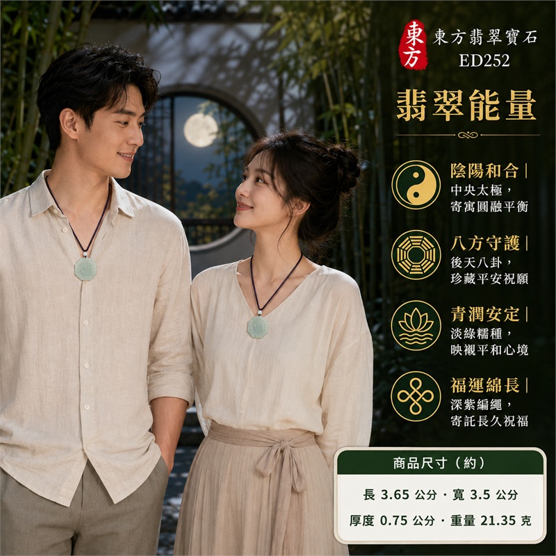 （已出售勿下標，可訂做）淡綠糯種正八角後天八卦太極乳白頂珠深紫編繩翡翠玉珮｜太極和合・陰陽調和・八方守護・趨吉避凶・守護平安・納福安泰・福運綿長・家宅安寧・心境安定・圓融順遂・事業順遂・平安吉祥｜天然A貨翡翠・淡綠糯種・柔潤半透明玉質・正八角牌形・後天八卦雕刻・中央太極圖紋・乳白頂珠・深紫編繩｜緬甸玉八卦玉墜吊墜｜ED252｜可客製訂做各式翡翠八卦玉珮項鍊｜附A貨翡翠雙證書 2