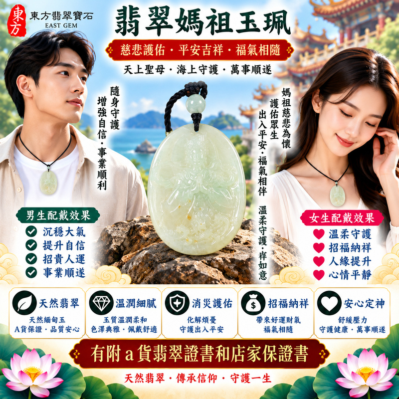 【A貨翡翠媽祖項鍊玉珮|綠色糯種緬甸翡翠、天然翠色溫潤細膩、天上聖母平安護佑、吉祥如意、招福納祥】天然翡翠媽祖牌玉墜,綠色糯種色澤自然清雅、玉質溫潤柔和,翠綠色調與糯種柔潤細膩的天然質感彼此映襯,呈現緬甸翡翠清新秀雅、溫和含蓄、古典耐看的玉石美感,結合媽祖天上聖母莊嚴祥和的雕刻形象,更具傳統信仰與東方玉雕文化意涵,寓意慈悲守護、出入平安、消災祈福、吉祥如意、招福納祥、順心安康、福氣相伴、福運長存,適合日常佩戴、自用祈福、祝福送禮與收藏珍藏,客製化訂做各種翡翠媽祖吊墜玉珮項鍊,MD316,附A貨翡翠雙證書2 【A貨翡翠媽祖項鍊玉珮|綠色糯種緬甸翡翠、天然翠色溫潤細膩、天上聖母平安護佑、吉祥如意、招福納祥】天然翡翠媽祖牌玉墜,綠色糯種色澤自然清雅、玉質溫潤柔和,翠綠色調與糯種柔潤細膩的天然質感彼此映襯,呈現緬甸翡翠清新秀雅、溫和含蓄、古典耐看的玉石美感,結合媽祖天上聖母莊嚴祥和的雕刻形象,更具傳統信仰與東方玉雕文化意涵,寓意慈悲守護、出入平安、消災祈福、吉祥如意、招福納祥、順心安康、福氣相伴、福運長存,適合日常佩戴、自用祈福、祝福送禮與收藏珍藏,客製化訂做各種翡翠媽祖吊墜玉珮項鍊,MD316,附A貨翡翠雙證書2