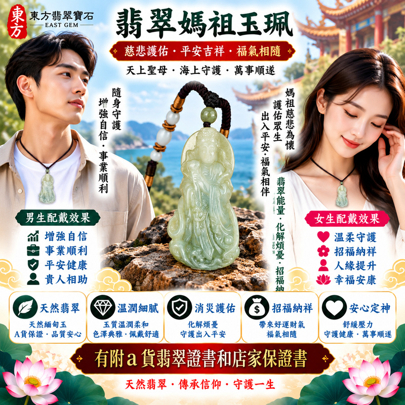 【A貨翡翠媽祖項鍊玉珮|綠色糯種天然緬甸玉、翠色清雅糯潤細膩、天上聖母慈悲護佑、平安順遂、招福納祥、福運綿延】天然翡翠媽祖牌玉墜,綠色糯種玉質溫潤柔和、天然翠色色澤清新典雅,翠綠色調搭配糯種柔潤細膩、含蓄溫雅的天然質感,呈現緬甸翡翠清雅秀麗、古典祥和、自然耐看的東方玉石特色,搭配媽祖莊嚴慈祥的雕刻神韻,融合天然翡翠美感與天上聖母祈福文化,寓意媽祖慈悲守護、出入平安、消災祈福、吉祥如意、招福納祥、順遂安康、福氣相伴、闔家平安、福運綿延,適合日常佩戴、自用祈福、平安祝福、送禮與收藏珍藏,客製化訂做各種翡翠媽祖吊墜玉珮項鍊,MD333,附A貨翡翠雙證書2 【A貨翡翠媽祖項鍊玉珮|綠色糯種天然緬甸玉、翠色清雅糯潤細膩、天上聖母慈悲護佑、平安順遂、招福納祥、福運綿延】天然翡翠媽祖牌玉墜,綠色糯種玉質溫潤柔和、天然翠色色澤清新典雅,翠綠色調搭配糯種柔潤細膩、含蓄溫雅的天然質感,呈現緬甸翡翠清雅秀麗、古典祥和、自然耐看的東方玉石特色,搭配媽祖莊嚴慈祥的雕刻神韻,融合天然翡翠美感與天上聖母祈福文化,寓意媽祖慈悲守護、出入平安、消災祈福、吉祥如意、招福納祥、順遂安康、福氣相伴、闔家平安、福運綿延,適合日常佩戴、自用祈福、平安祝福、送禮與收藏珍藏,客製化訂做各種翡翠媽祖吊墜玉珮項鍊,MD333,附A貨翡翠雙證書2