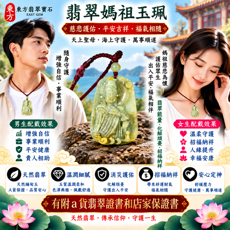 【A貨翡翠媽祖項鍊玉珮|綠色糯種天然緬甸翡翠、糯潤柔和翠意清新、天上聖母慈悲守護、平安順遂、招福納祥、福氣綿延】天然翡翠媽祖牌玉墜,綠色糯種玉質柔和溫潤、天然翠色清新雅緻,糯種特有的柔潤質感讓整體呈現溫雅含蓄、自然細膩的玉石美感,翠綠色澤搭配媽祖莊嚴慈祥的雕刻意象,更顯端莊祥和,展現天然緬甸翡翠與傳統東方玉雕相互融合的韻味,寓意天上聖母慈悲守護、出入平安、消災祈福、吉祥如意、招福納祥、順心順遂、福氣相伴、闔家安康、福運綿延,適合自用祈福、日常佩戴、祝福送禮及收藏,客製化訂做各種翡翠媽祖吊墜玉珮項鍊,MD352,附A貨翡翠雙證書2 【A貨翡翠媽祖項鍊玉珮|綠色糯種天然緬甸翡翠、糯潤柔和翠意清新、天上聖母慈悲守護、平安順遂、招福納祥、福氣綿延】天然翡翠媽祖牌玉墜,綠色糯種玉質柔和溫潤、天然翠色清新雅緻,糯種特有的柔潤質感讓整體呈現溫雅含蓄、自然細膩的玉石美感,翠綠色澤搭配媽祖莊嚴慈祥的雕刻意象,更顯端莊祥和,展現天然緬甸翡翠與傳統東方玉雕相互融合的韻味,寓意天上聖母慈悲守護、出入平安、消災祈福、吉祥如意、招福納祥、順心順遂、福氣相伴、闔家安康、福運綿延,適合自用祈福、日常佩戴、祝福送禮及收藏,客製化訂做各種翡翠媽祖吊墜玉珮項鍊,MD352,附A貨翡翠雙證書2
