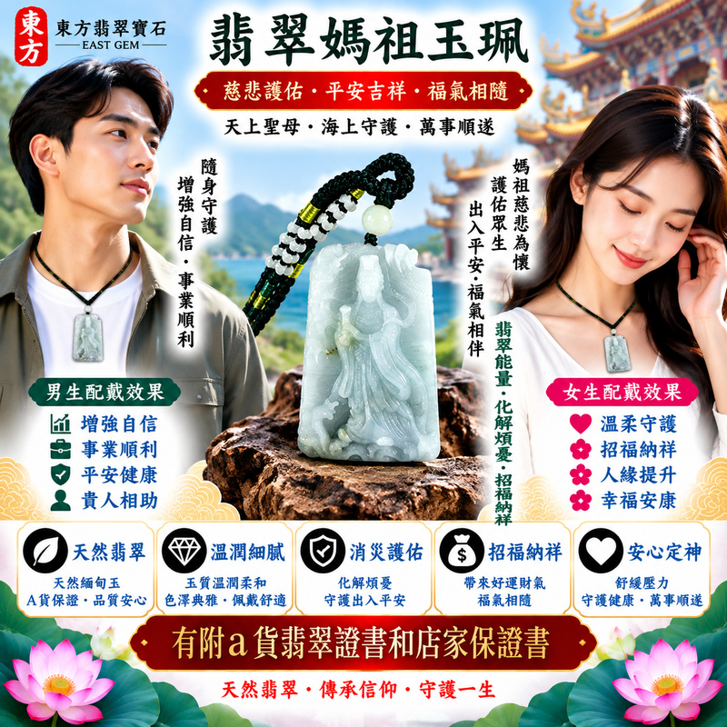 【A貨翡翠媽祖項鍊玉珮｜綠色糯種緬甸翡翠、天然翠意清雅柔潤、天上聖母慈悲守護、出入平安、吉祥納福、順心安康】天然翡翠媽祖牌玉墜，綠色糯種玉質溫潤細膩、天然翠色色澤柔和典雅，翠綠色調與糯種特有的柔潤質感自然融合，呈現天然緬甸翡翠清雅秀麗、溫和含蓄、古典自然且耐看的玉石特色，搭配媽祖莊嚴祥和的雕刻造型，更具東方玉雕藝術與傳統祈福文化意涵，寓意慈悲護佑、出入平安、消災祈福、吉祥納福、招福納祥、順心安康、福氣相隨、闔家平安、福運綿延，適合日常佩戴、自用祈福、平安祝福、送禮與天然翡翠收藏，客製化訂做各種翡翠媽祖吊墜玉珮項鍊，MD355，附A貨翡翠雙證書2