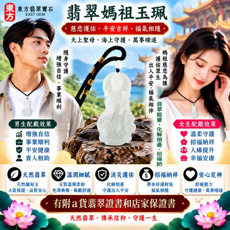 【A貨翡翠媽祖項鍊玉珮｜綠色糯種天然緬甸玉、翠色清雅溫潤細膩、天上聖母慈悲護佑、出入平安、吉祥如意、招福納祥】天然翡翠媽祖牌玉墜，綠色糯種玉質溫潤柔和、天然翠色色澤清雅自然，糯種特有的柔潤質感搭配沉穩翠綠色調，呈現天然緬甸翡翠清新雅緻、含蓄溫潤、古典耐看的東方玉石特色，搭配媽祖莊嚴慈祥的雕刻神韻，更顯端莊祥和，寓意媽祖慈悲守護、出入平安、消災祈福、吉祥如意、招福納祥、順遂安康、福氣相伴、闔家平安、福運綿延，適合日常佩戴、自用祈福、祝福送禮與收藏珍藏，客製化訂做各種翡翠媽祖吊墜玉珮項鍊，MD358，附A貨翡翠雙證書2