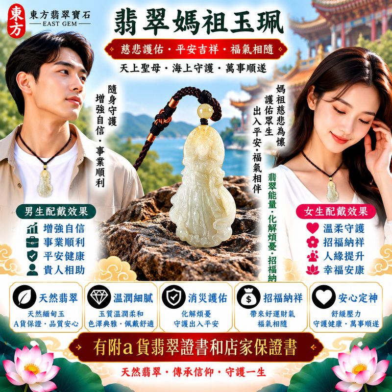 【A貨翡翠媽祖項鍊玉珮｜綠色糯種緬甸翡翠、天然翠意柔和雅緻、天上聖母平安守護、慈悲護佑、吉祥納福、福運長存】天然翡翠媽祖牌玉墜，綠色糯種翠色色澤自然柔雅、玉質溫潤細膩，天然綠意與糯種糯潤柔和的視覺質感彼此映襯，展現天然緬甸翡翠清雅含蓄、溫和沉穩、古典耐看的東方玉石韻味，媽祖天上聖母雕刻形象莊嚴慈祥，融合天然翡翠美感與傳統祈福文化，寓意慈悲護佑、出入平安、消災祈福、吉祥納福、招福納祥、順心安康、福氣常伴、闔家安康、福運長存，適合日常佩戴、祈福保平安、親友祝福及天然翡翠收藏，客製化訂做各種翡翠媽祖吊墜玉珮項鍊，MD359，附A貨翡翠雙證書2