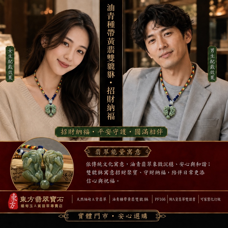 翡翠貔貅項鍊玉珮|天然緬甸A貨翡翠油青種帶黃翡雙貔貅搶珠玉墜|立體圓雕、淺綠黃褐色交織、藍色編繩串珠|寓意招財納福、守財聚寶、平安守護、圓滿相伴|男女皆宜|商品編號PF166|附中國玉石鑑定所鑑定證書及東方翡翠寶石保證書 翡翠貔貅項鍊玉珮|天然緬甸A貨翡翠油青種帶黃翡雙貔貅搶珠玉墜|立體圓雕、淺綠黃褐色交織、藍色編繩串珠|寓意招財納福、守財聚寶、平安守護、圓滿相伴|男女皆宜|商品編號PF166|附中國玉石鑑定所鑑定證書及東方翡翠寶石保證書