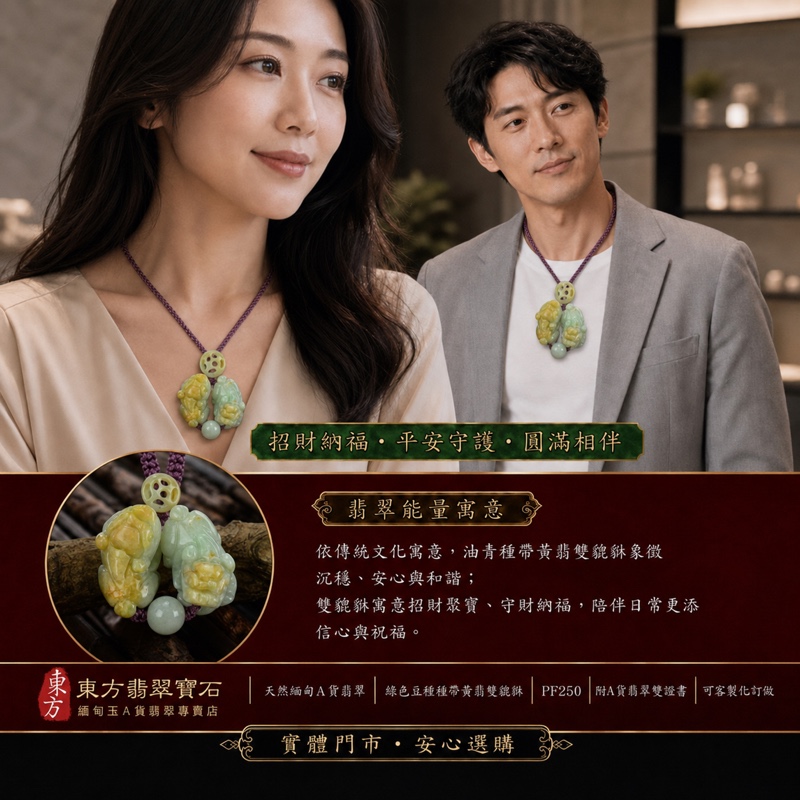 翡翠雙貔貅項鍊玉珮|天然緬甸A貨翡翠綠色豆糯種帶黃翡貔貅玉墜|綠黃雙彩立體雕刻|寓意招財聚寶、富貴納福、圓滿相伴|商品編號PF250|附中國玉石鑑定所鑑定證書及東方翡翠寶石保證書 翡翠雙貔貅項鍊玉珮|天然緬甸A貨翡翠綠色豆糯種帶黃翡貔貅玉墜|綠黃雙彩立體雕刻|寓意招財聚寶、富貴納福、圓滿相伴|商品編號PF250|附中國玉石鑑定所鑑定證書及東方翡翠寶石保證書