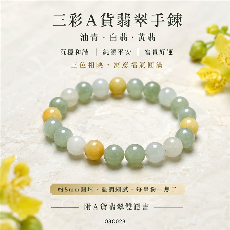 三彩翡翠手鍊|天然緬甸玉A貨翡翠手珠|油青種翡翠珠子×白翡翠珠子×黃翡翠珠子|灰綠、乳白與蜜黃三色相映|油青珠占比較高、色澤沉穩、天然石紋、溫潤細膩、柔和雅緻|寓意沉穩和諧、純潔平安、富貴好運、招財納福、福氣圓滿|珠徑約8mm|男女皆宜|可依手圍客製化翡翠珠串、緬甸玉手鍊、緬甸玉珠串、緬甸玉手珠|附A貨翡翠雙證書|O3C023-1 三彩翡翠手鍊|天然緬甸玉A貨翡翠手珠|油青種翡翠珠子×白翡翠珠子×黃翡翠珠子|灰綠、乳白與蜜黃三色相映|油青珠占比較高、色澤沉穩、天然石紋、溫潤細膩、柔和雅緻|寓意沉穩和諧、純潔平安、富貴好運、招財納福、福氣圓滿|珠徑約8mm|男女皆宜|可依手圍客製化翡翠珠串、緬甸玉手鍊、緬甸玉珠串、緬甸玉手珠|附A貨翡翠雙證書|O3C023-1