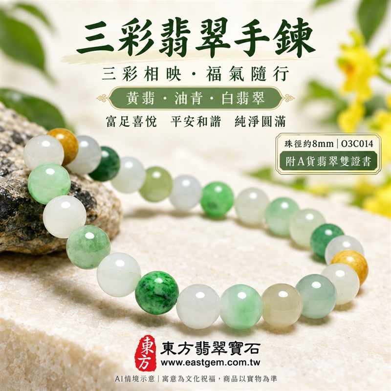三彩翡翠手鍊・三彩緬甸玉手鍊|黃翡翠珠子、油青種珠子、白翡翠珠子|溫潤圓珠約8mm・白綠黃三彩相映・清雅柔和色澤|富足喜悅、平安和諧、純淨圓滿吉祥寓意|男女日常配戴・生日紀念送禮|客製化翡翠手鍊、翡翠手珠、翡翠珠串、翡翠珠子、緬甸玉手鍊、緬甸玉珠串與緬甸玉珠子搭配設計|附A貨翡翠雙證書|O3C014-1 三彩翡翠手鍊・三彩緬甸玉手鍊|黃翡翠珠子、油青種珠子、白翡翠珠子|溫潤圓珠約8mm・白綠黃三彩相映・清雅柔和色澤|富足喜悅、平安和諧、純淨圓滿吉祥寓意|男女日常配戴・生日紀念送禮|客製化翡翠手鍊、翡翠手珠、翡翠珠串、翡翠珠子、緬甸玉手鍊、緬甸玉珠串與緬甸玉珠子搭配設計|附A貨翡翠雙證書|O3C014-1