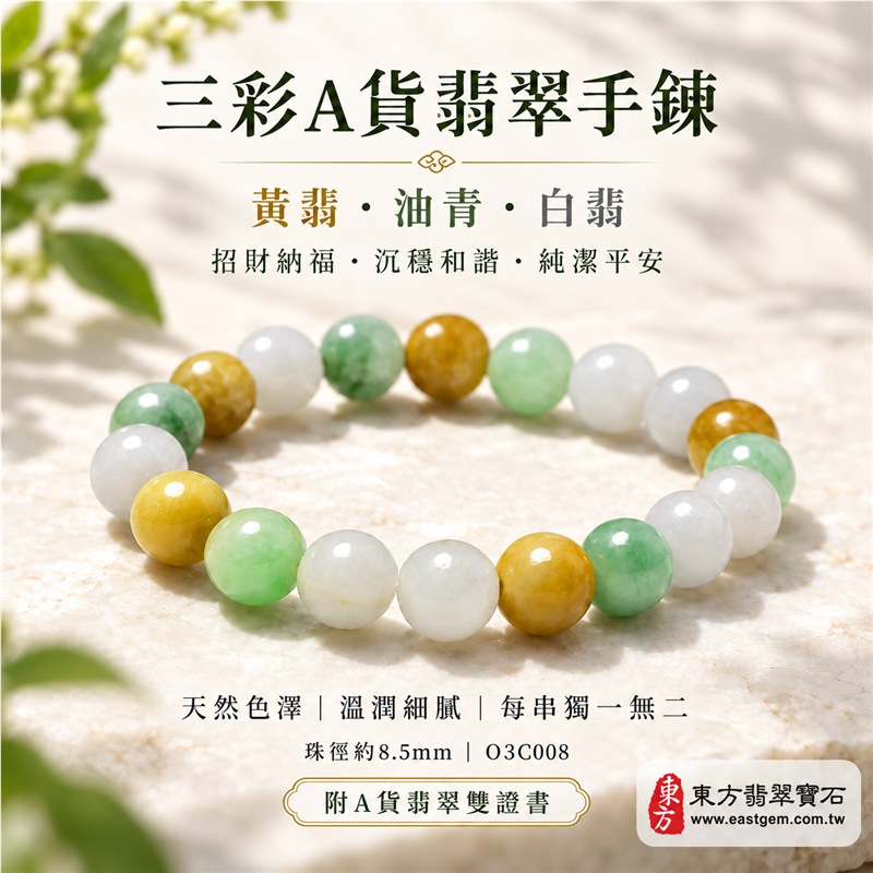 三彩翡翠手鍊|天然緬甸玉A貨翡翠手珠|黃翡翠珠子×油青種翡翠珠子×白翡翠珠子|蜜黃、油綠與乳白三色相映|天然石紋、色澤柔和、晶潤細膩、溫潤油亮、清雅耐看|寓意招財納福、富貴吉祥、沉穩和諧、純潔平安、福氣圓滿|珠徑約8.5mm|男女皆宜|可依手圍客製化翡翠珠串、緬甸玉手鍊、緬甸玉珠串、緬甸玉珠子、緬甸玉手珠|附A貨翡翠雙證書|O3C008-1 三彩翡翠手鍊|天然緬甸玉A貨翡翠手珠|黃翡翠珠子×油青種翡翠珠子×白翡翠珠子|蜜黃、油綠與乳白三色相映|天然石紋、色澤柔和、晶潤細膩、溫潤油亮、清雅耐看|寓意招財納福、富貴吉祥、沉穩和諧、純潔平安、福氣圓滿|珠徑約8.5mm|男女皆宜|可依手圍客製化翡翠珠串、緬甸玉手鍊、緬甸玉珠串、緬甸玉珠子、緬甸玉手珠|附A貨翡翠雙證書|O3C008-1