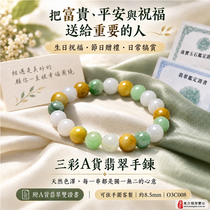 三彩翡翠手鍊|天然緬甸玉A貨翡翠手珠|黃翡翠珠子×油青種翡翠珠子×白翡翠珠子|蜜黃、油綠與乳白三色相映|天然石紋、色澤柔和、晶潤細膩、溫潤油亮、清雅耐看|寓意招財納福、富貴吉祥、沉穩和諧、純潔平安、福氣圓滿|珠徑約8.5mm|男女皆宜|可依手圍客製化翡翠珠串、緬甸玉手鍊、緬甸玉珠串、緬甸玉珠子、緬甸玉手珠|附A貨翡翠雙證書|O3C008-4 三彩翡翠手鍊|天然緬甸玉A貨翡翠手珠|黃翡翠珠子×油青種翡翠珠子×白翡翠珠子|蜜黃、油綠與乳白三色相映|天然石紋、色澤柔和、晶潤細膩、溫潤油亮、清雅耐看|寓意招財納福、富貴吉祥、沉穩和諧、純潔平安、福氣圓滿|珠徑約8.5mm|男女皆宜|可依手圍客製化翡翠珠串、緬甸玉手鍊、緬甸玉珠串、緬甸玉珠子、緬甸玉手珠|附A貨翡翠雙證書|O3C008-4