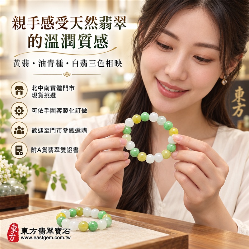 天然A貨三彩翡翠手鍊|三彩緬甸玉手鍊|黃翡翠珠子×油青種翡翠珠子×白翡翠珠子|白綠黃三色相映・清新雅緻・珠珠呈現天然色澤與獨特紋理|招財納福・福祿壽喜・平安圓滿・富貴吉祥|木金土五行文化寓意|珠徑約7.5mm・精緻秀氣・男女皆宜|天然翡翠珠串・緬甸玉手珠・日常佩戴送禮收藏|可依手圍客製化設計各式翡翠珠串|附中國玉石鑑定證書與東方翡翠寶石保證書雙證書|O3C021-4 天然A貨三彩翡翠手鍊|三彩緬甸玉手鍊|黃翡翠珠子×油青種翡翠珠子×白翡翠珠子|白綠黃三色相映・清新雅緻・珠珠呈現天然色澤與獨特紋理|招財納福・福祿壽喜・平安圓滿・富貴吉祥|木金土五行文化寓意|珠徑約7.5mm・精緻秀氣・男女皆宜|天然翡翠珠串・緬甸玉手珠・日常佩戴送禮收藏|可依手圍客製化設計各式翡翠珠串|附中國玉石鑑定證書與東方翡翠寶石保證書雙證書|O3C021-4