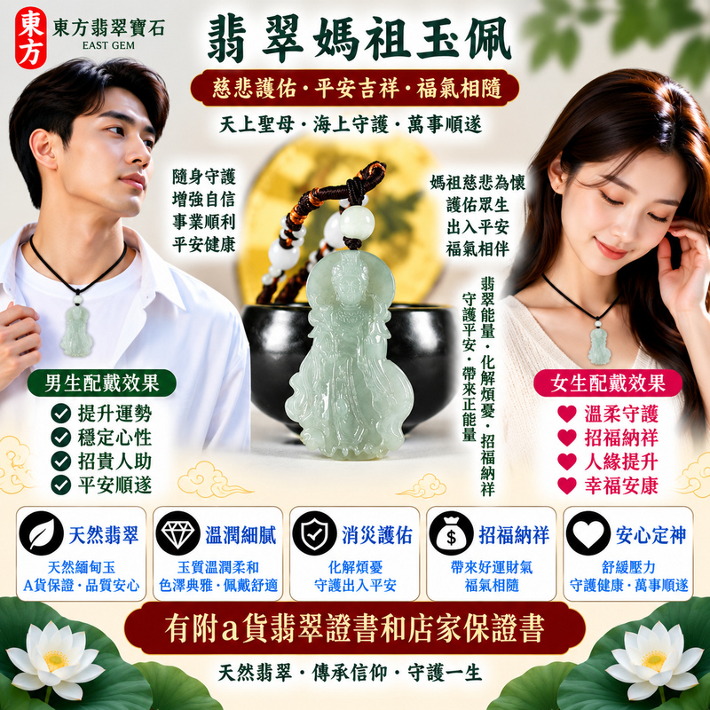 【A貨翡翠媽祖項鍊玉珮｜綠色糯種緬甸翡翠、天然翠色糯潤溫雅、天上聖母慈悲護佑、出入平安、招福納祥、福氣綿延】天然翡翠媽祖牌玉墜，綠色糯種玉質溫潤細緻、天然翠色色澤清雅柔和，翠綠色調搭配糯種柔潤含蓄的天然質感，呈現緬甸翡翠清新雅緻、古典祥和、自然耐看的東方玉石之美，媽祖天上聖母雕刻意象莊嚴慈祥，更添傳統祈福文化與佩戴收藏意涵，寓意慈悲守護、出入平安、消災祈福、吉祥如意、招福納祥、順遂安康、福氣相伴、闔家安康、福運綿延，適合自用祈福、日常佩戴、祝福親友及收藏珍藏，客製化訂做各種翡翠媽祖吊墜玉珮項鍊，MD384，附A貨翡翠雙證書2