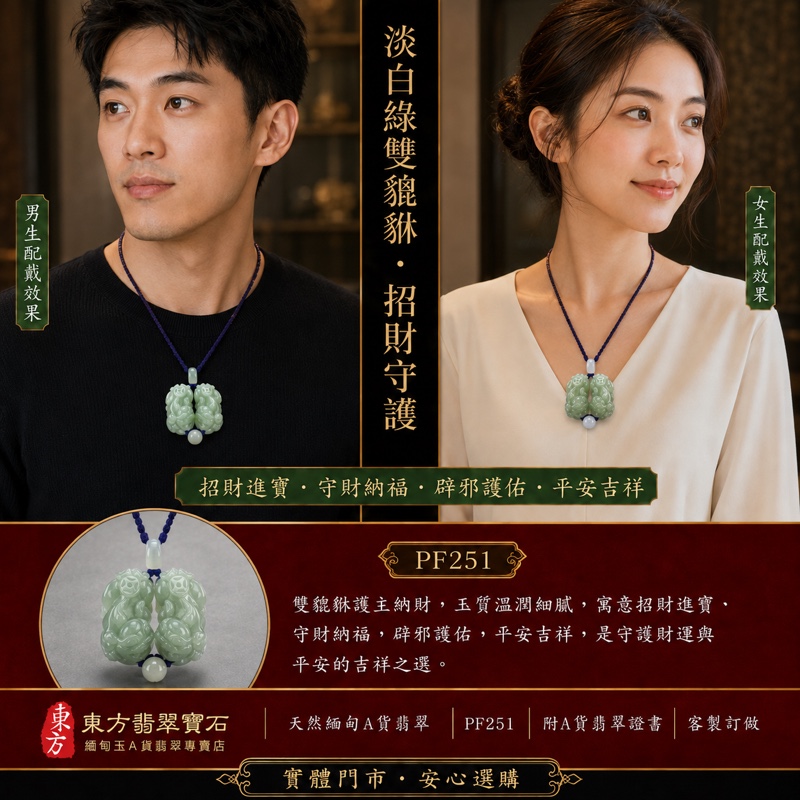 翡翠貔貅項鍊玉珮｜天然緬甸A貨翡翠淡白綠色細豆種白底青雙貔貅玉墜｜立體圓雕雙貔貅、淡白綠溫潤色澤、深紫藍色編繩、長方玉扣與淡綠圓珠｜寓意招財進寶、守財納福、辟邪護佑、平安吉祥｜男女皆宜｜商品編號PF251｜附中國玉石鑑定所翡翠鑑定證書及東方翡翠寶石保證書